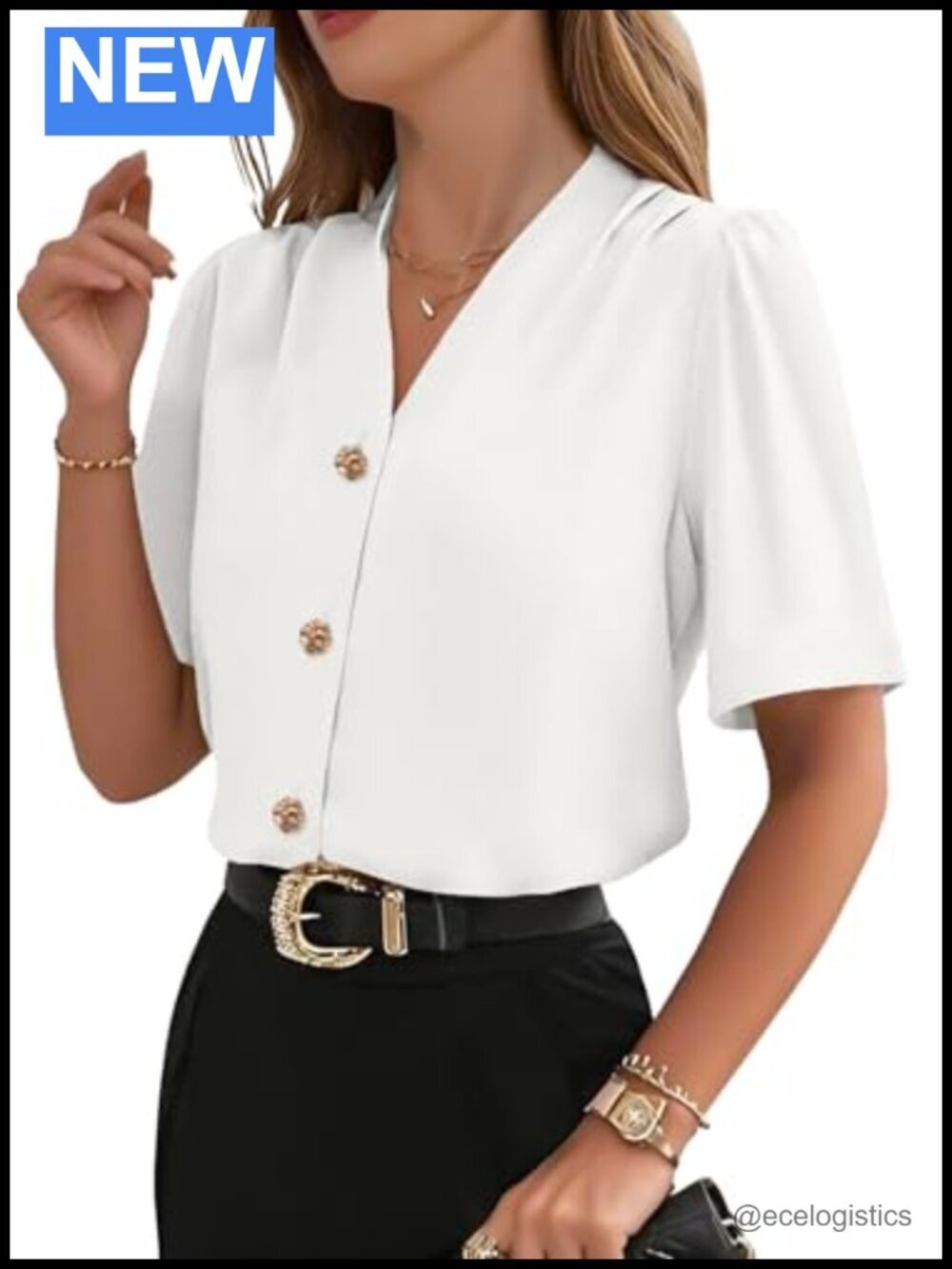 Button Down Blouse V Neck Short Sleeve Business Casual Work Tops
